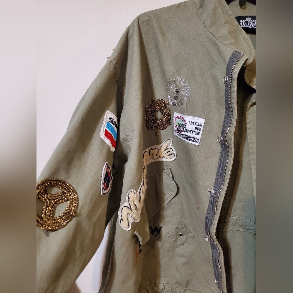 Military Punk Spike Army Style Olive Green Jacket Patches Y2k - Picture 2 of 7